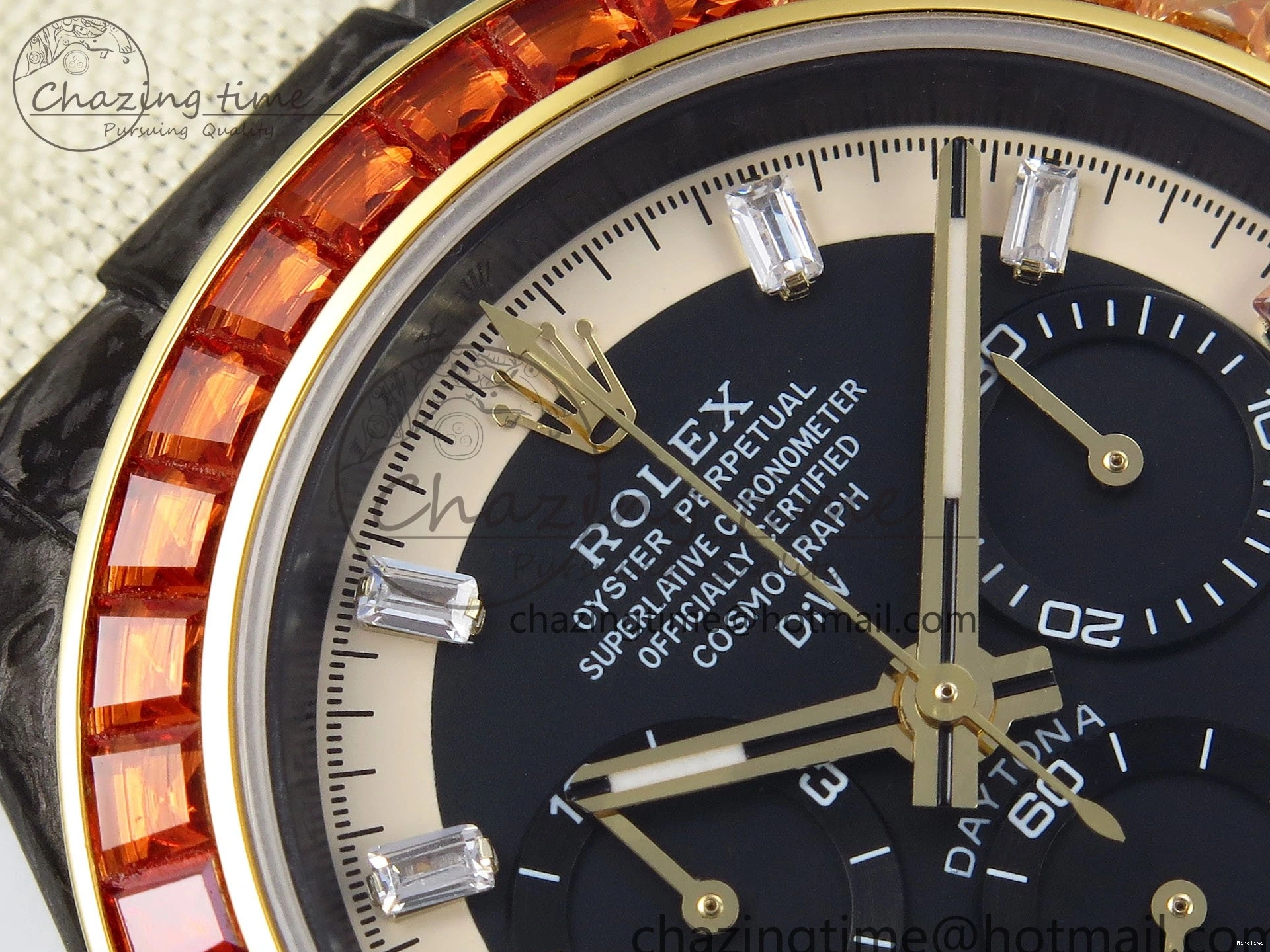 MiroTime 0513 Refined Daytona DIW Carbon Case DIWF Edition Black White Dial Orange Diamonds Bezel on White Nylon Strap A 1668